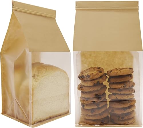 25 bolsas de panadería con ventana para galletas para embalaje de 5.1 x 4.3 x 11 pulgadas, papel de estaño marrón de estaño con cierre de lazo,