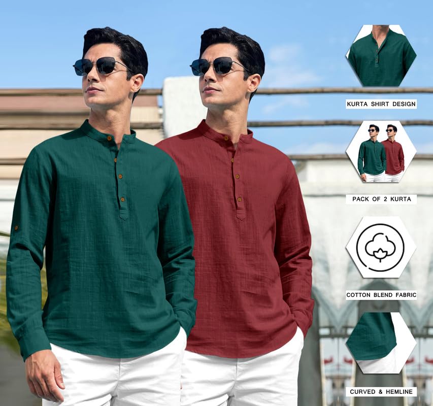 Image of ROYALSCOUT Combo of Men's Solid Cotton Blend Full Sleeve Straight Kurta Shirt (Pack of 2)
