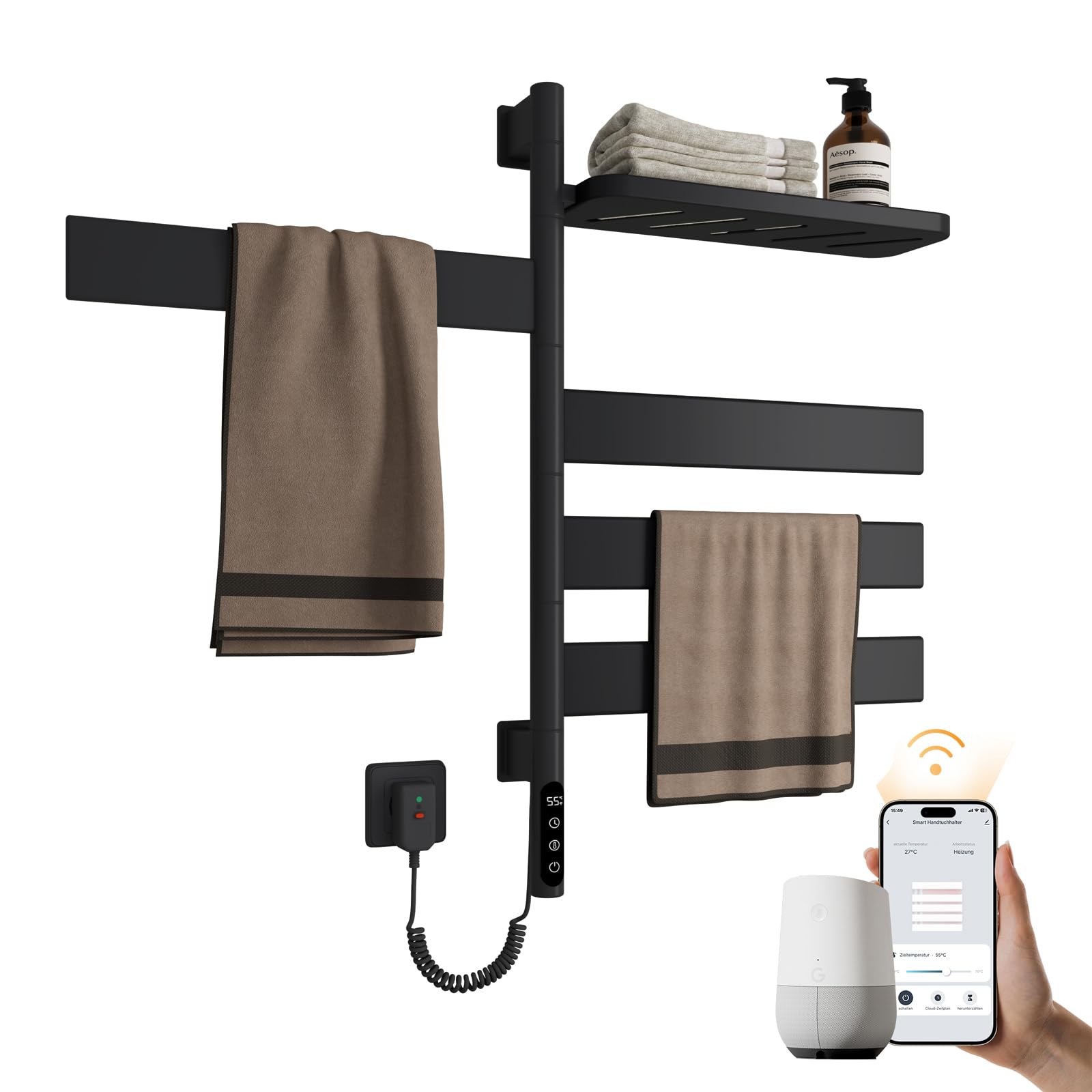 EMKE Electric Towel Radiator quickly reaching 55 degrees Celsius, with a shield icon indicating bacterial growth prevention.