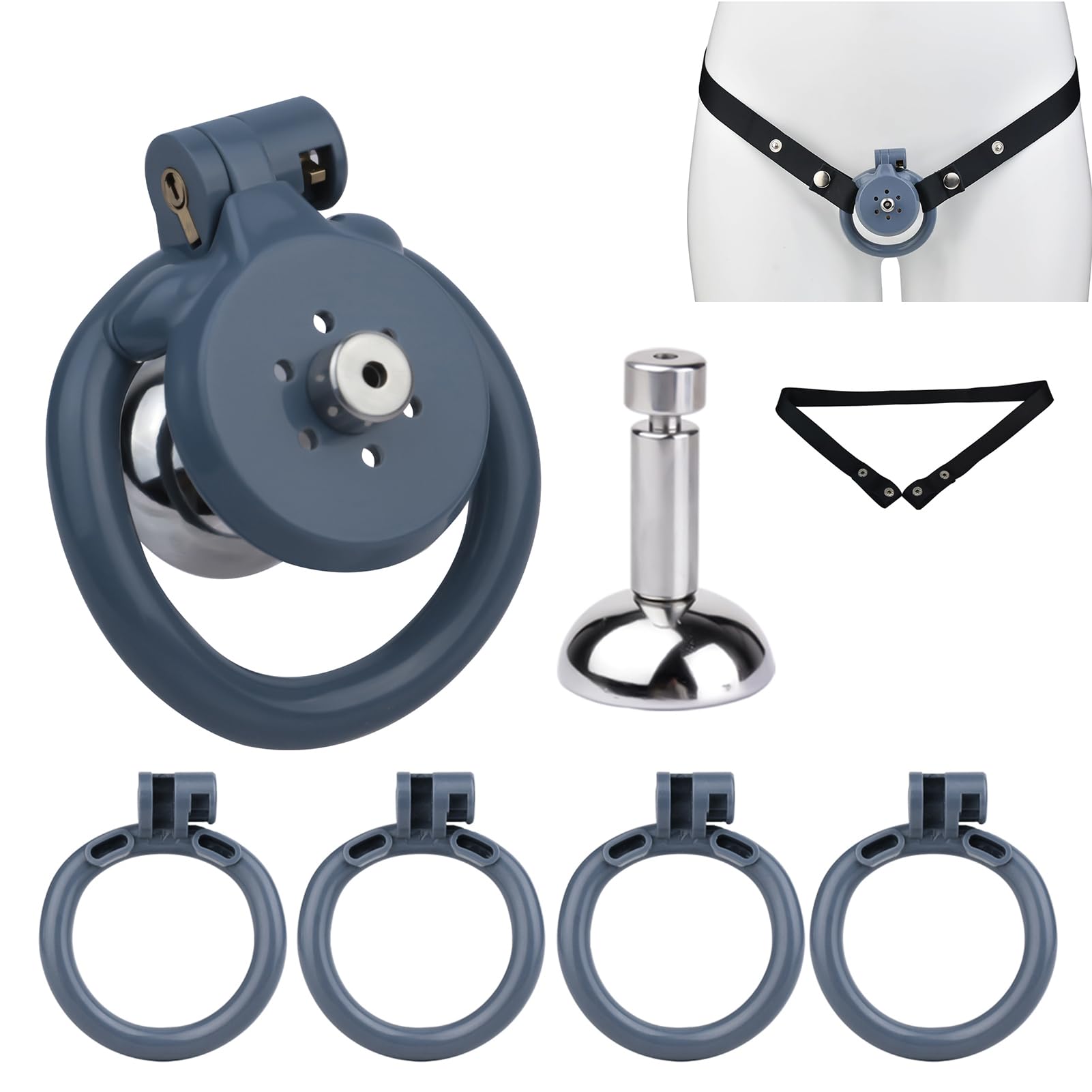 SeLgurFos Cage de chasteté pour homme avec 4 anneaux 40 à 55mm urinoir amovible design plat en résine ABS ceinture chasteté jouets sexuels (Blue+belt)
