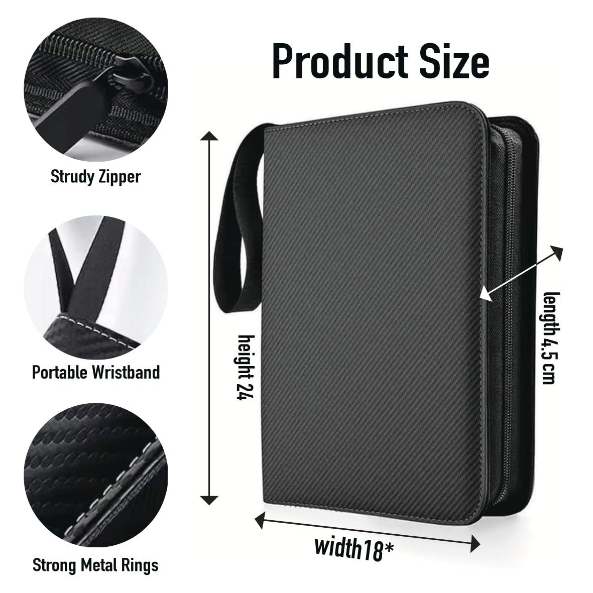 Trading Card Zip Binder, 200-Card Capacity, Water-Resistant PU Cover, 50 Clear 4-Pocket Pages, Folder for Collectibles (Black) - Image 3