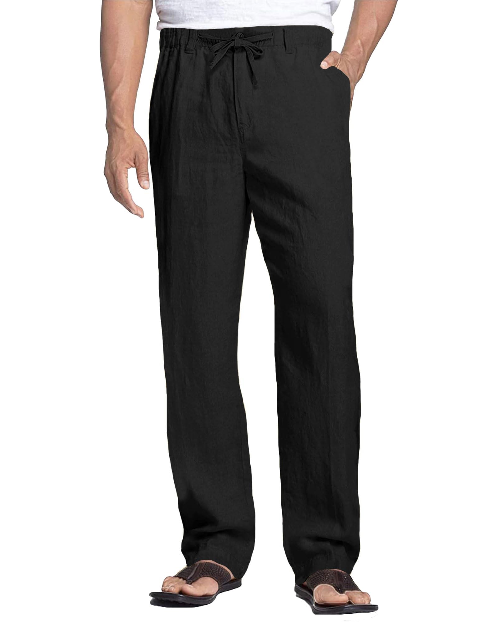 Cegerne Pantaloni di Lino Uomo Estivo Lungo Leggero Casual, Vita Elastica Zip e Coulisse, Tasche Traspiranti per Spiaggia Vacanze Quotidiano
