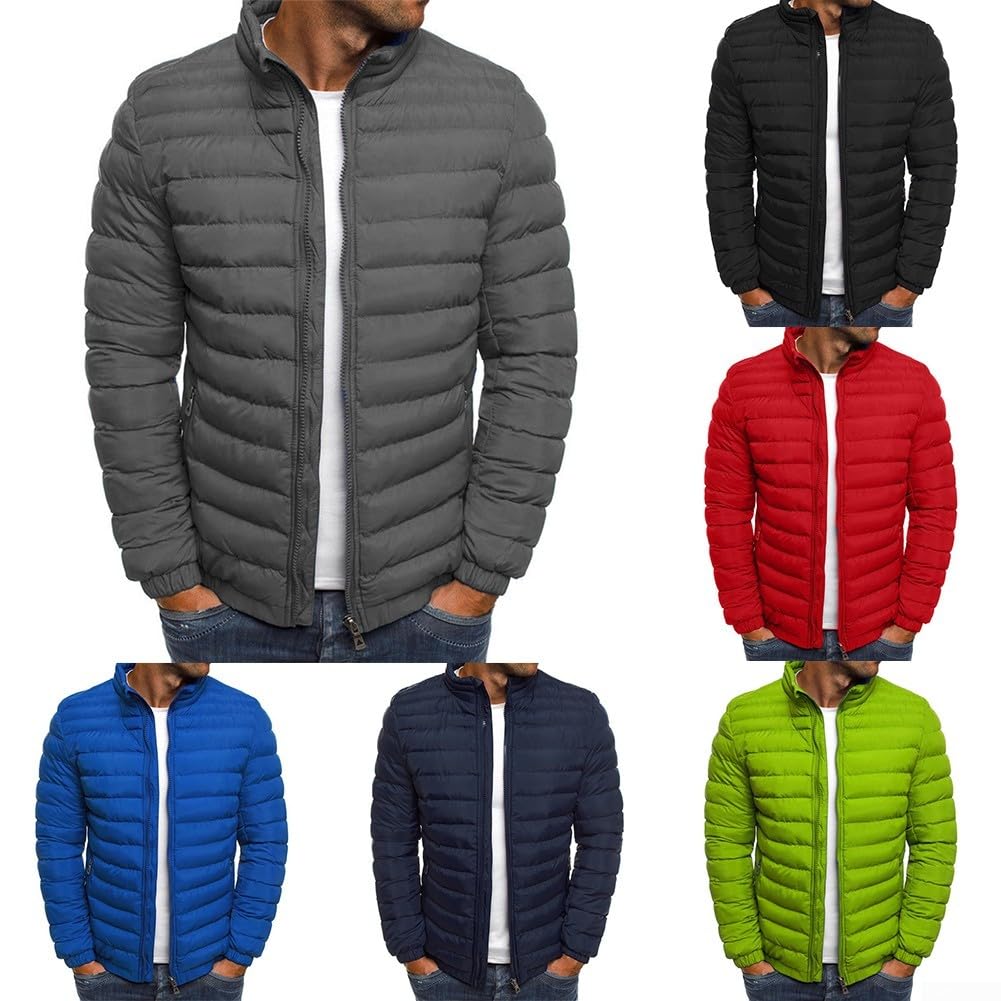 Chaqueta acolchada cálida de invierno para hombre, con cuello alto, cremallera, color sólido, portátil, acolchada, resistente al agua