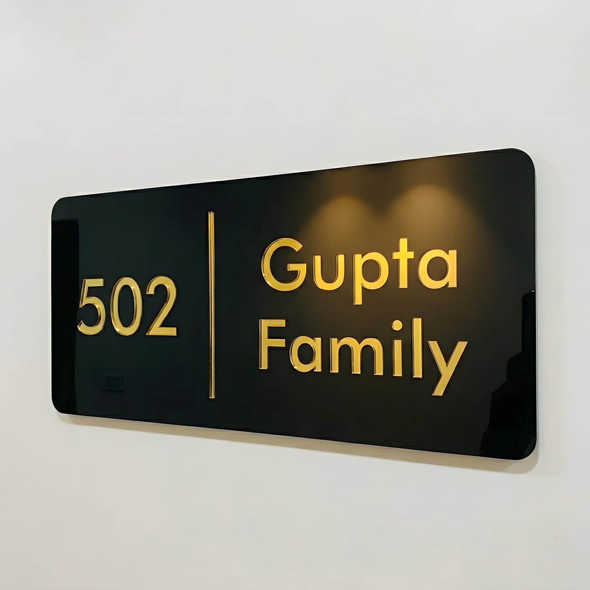 Name Plate for Home Entrance | Water Weather Proof | Black Acrylic with Golden Mirror Acrylic 3D Letters | Personalized Name Plate | For Home, Office & Outdoor Entrance (40L x 20W cm)-image-29