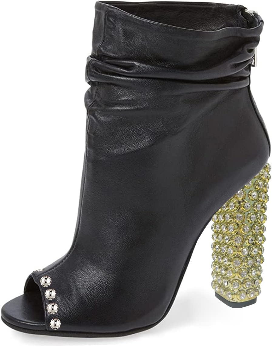 FSJ Women Stylish Peep Toe Slouch Ankle Boots Chunky Stacked Heels Crystal Studded Heel Party Evening Dress Shoes Size 4-15 US