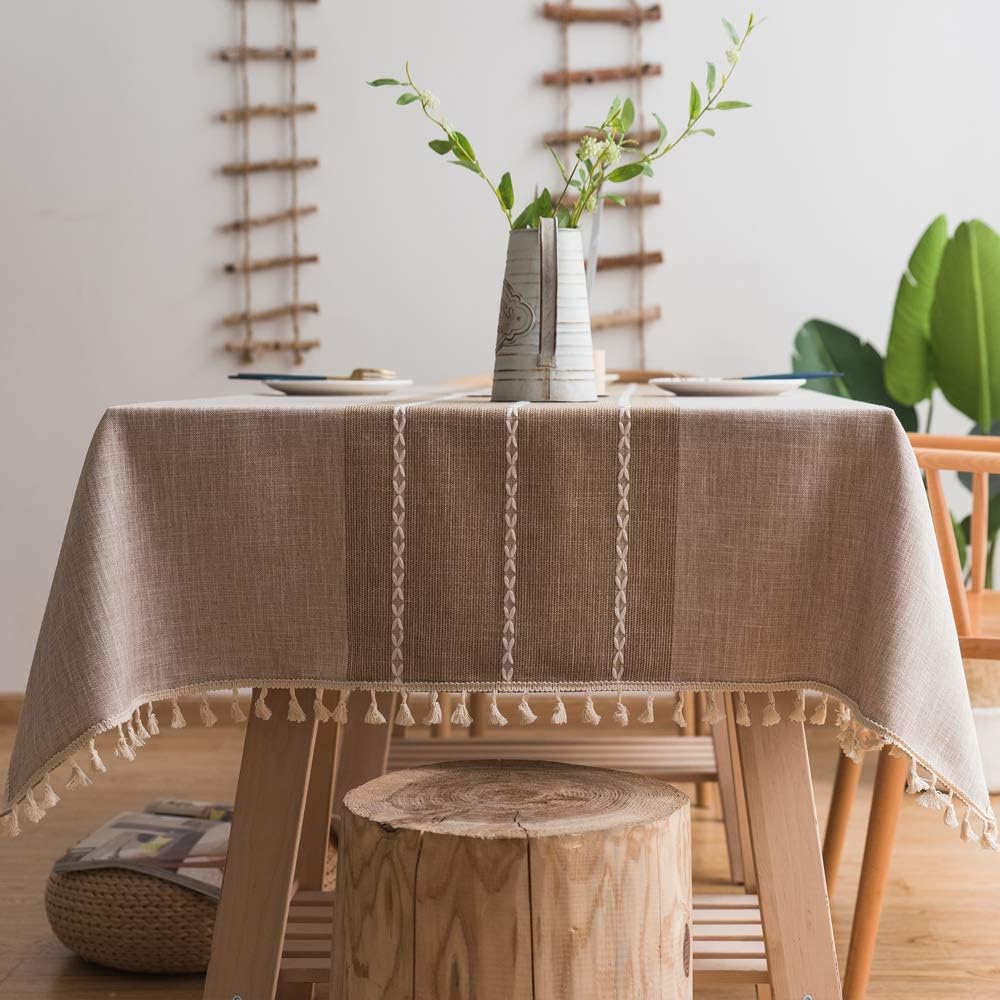 Lamberia Cotton Linen Tablecloths with Tassel for Rectangle Tables Heavyweight Burlap Table Cover for Kitchen Dinning Tabletop Decoration (Beige, 55"x102")
