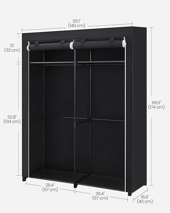 SONGMICS Wardrobe, Clothes Storage for Bedroom with 2 Rails, Fabric Portable Wardrobe, Collapsible, Rack, for Closet, 43 x 140 x 174 cm, Black RYG02BK, VA-RYG02BK
