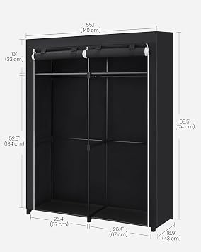 SONGMICS Wardrobe, Clothes Storage for Bedroom with 2 Rails, Fabric Portable Wardrobe, Collapsible, Rack, for Closet, 43 x 140 x 174 cm, Black RYG02BK, VA-RYG02BK
