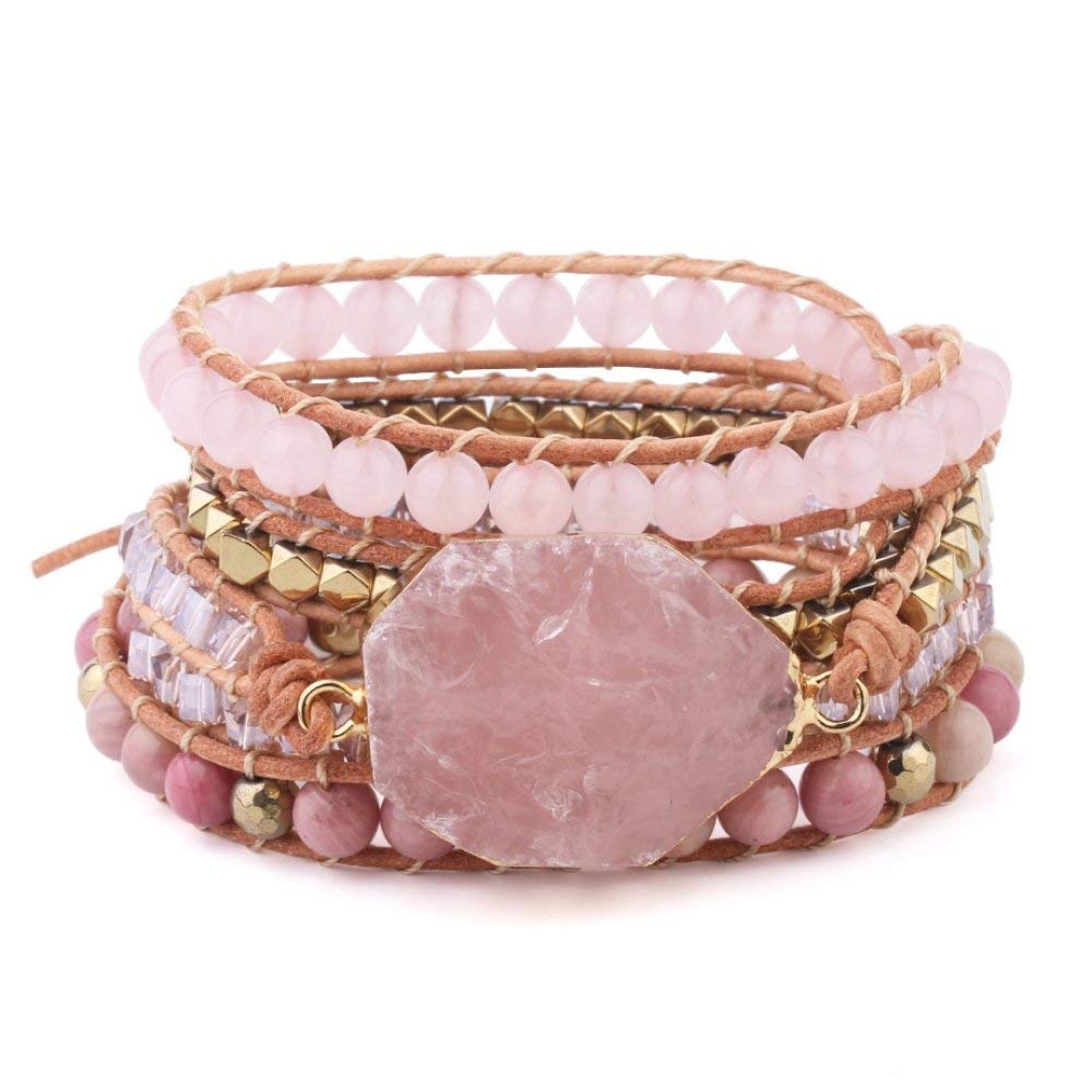 WJFGGXHK - Braccialetto da donna con pietra di quarzo rosa, lunghezza 6 mm, bracciale con pietra naturale rosa, bracciale in pelle di quarzo avvolgere gioielli con pietre rotonde di cristallo, idea regalo per ragazze