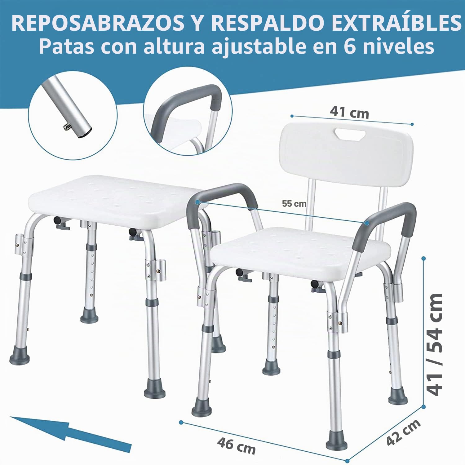 Rehab - Silla De Ducha Con Respaldo y Apoyabrazos Extraíble - Asiento de Bañera, Silla Ajustable En Altura - Ayuda Apoyo para las Personas Mayores