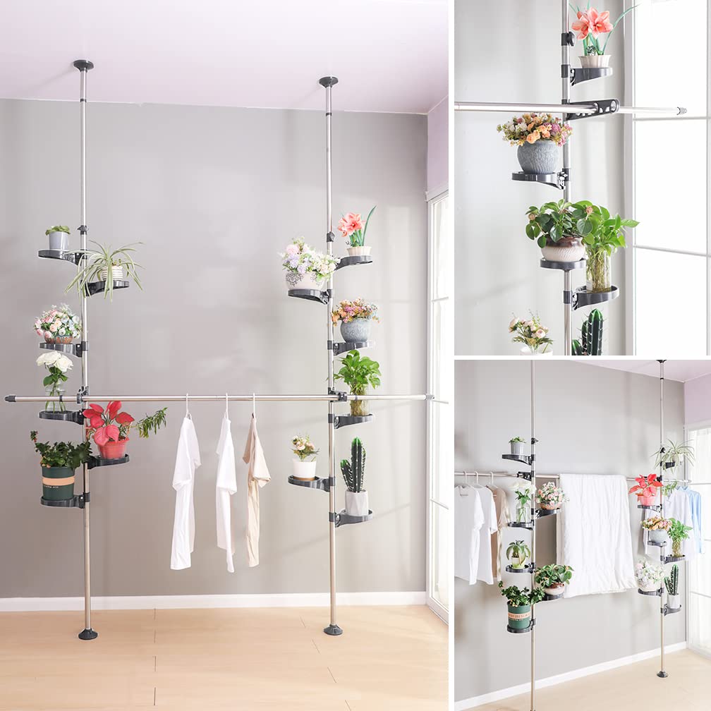 Hershii Teleskop Blumenregal Blumenständer Ecke Pflanzenregale mit 12 Blumentopfhalter und 2 Aufhänger 1 Hängestange für Blumenkörbe und Innenbalkon Garten Höhenverstellbarer 230~290cm Metall Grau