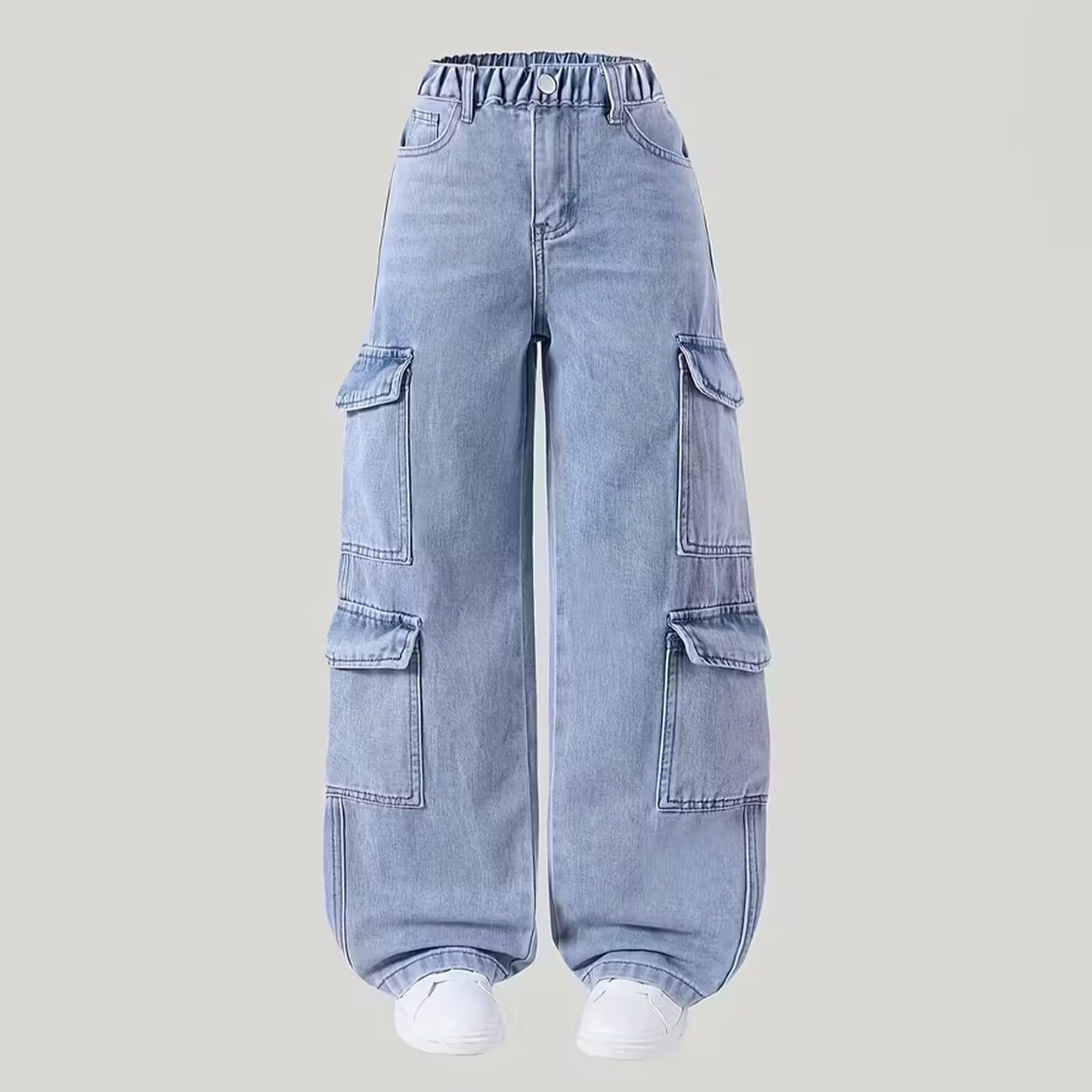 Jeans cargo para niñas, holgados, de pierna ancha, vintage, pantalones de mezclilla casuales para adolescentes, ropa de calle, pantalones elásticos de cintura alta y ajuste relajado