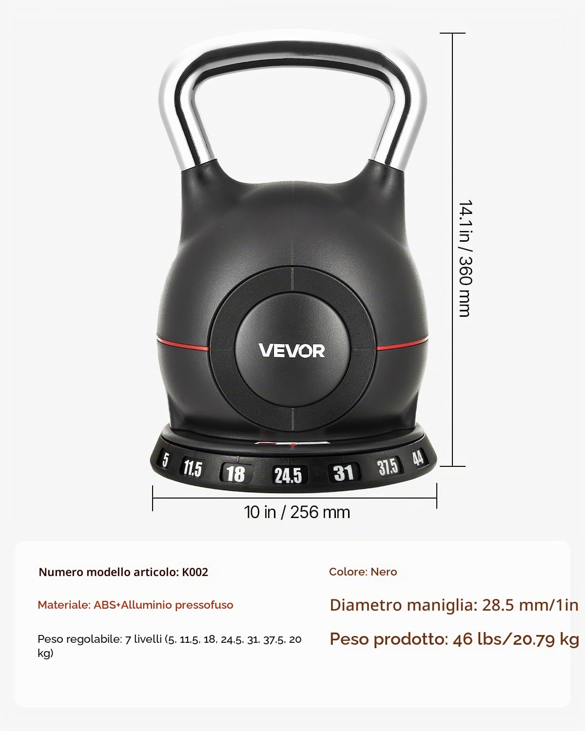 VEVOR Kettlebell, Kettlebell regolabile con 7 livelli di peso, alluminio pressofuso e materiale ABS, per allenamento della forza di presa, allenamento completo del corpo e cross-training