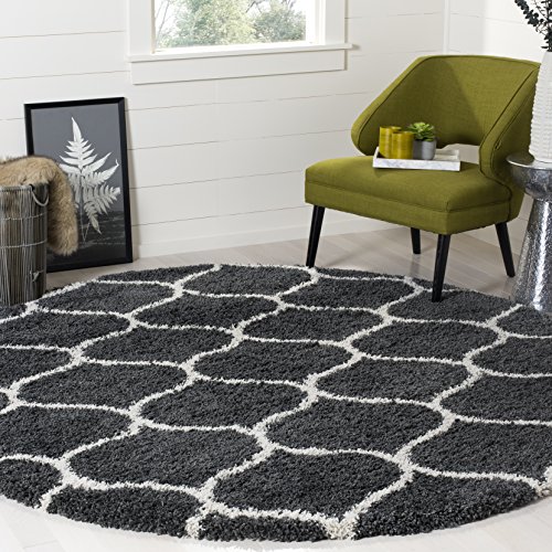 SAFAVIEH Hudson Shag Collection 5' Round Dark Grey/Ivory SGH280G Moroccan Ogee Trellis Non-Shedding Living Room Bedroom Dining Room Entryway Plush 2-inch Thick Area Rug