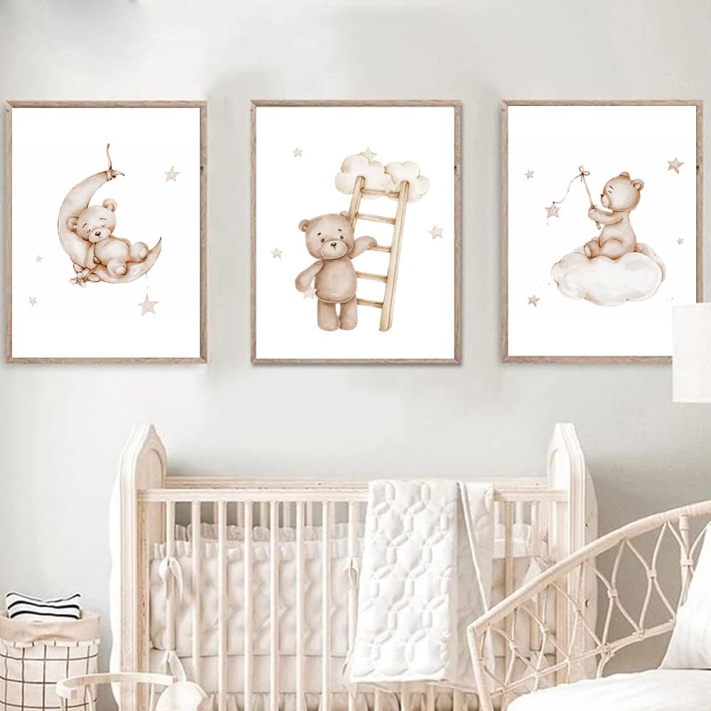 3 Laminas Oso 30X40CM Cuadros Habitacion Infantil Niño Poster Beige Lienzo Animales Bebe Laminas Decorativas Pared Infantil Cuadros Bebé Habitacion Niño Animaux Lienzo Beige Bebe Oso sin Marco