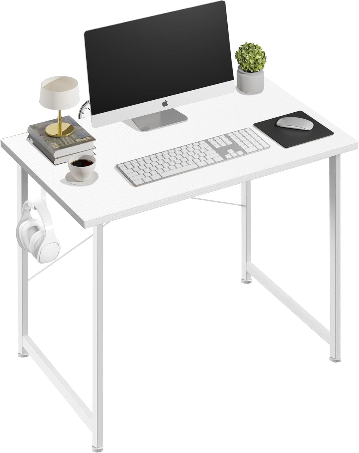 HealSmart 32 Inch Home Office Computer Desk with a Headphone Hook, Writing Study Table for Work, White