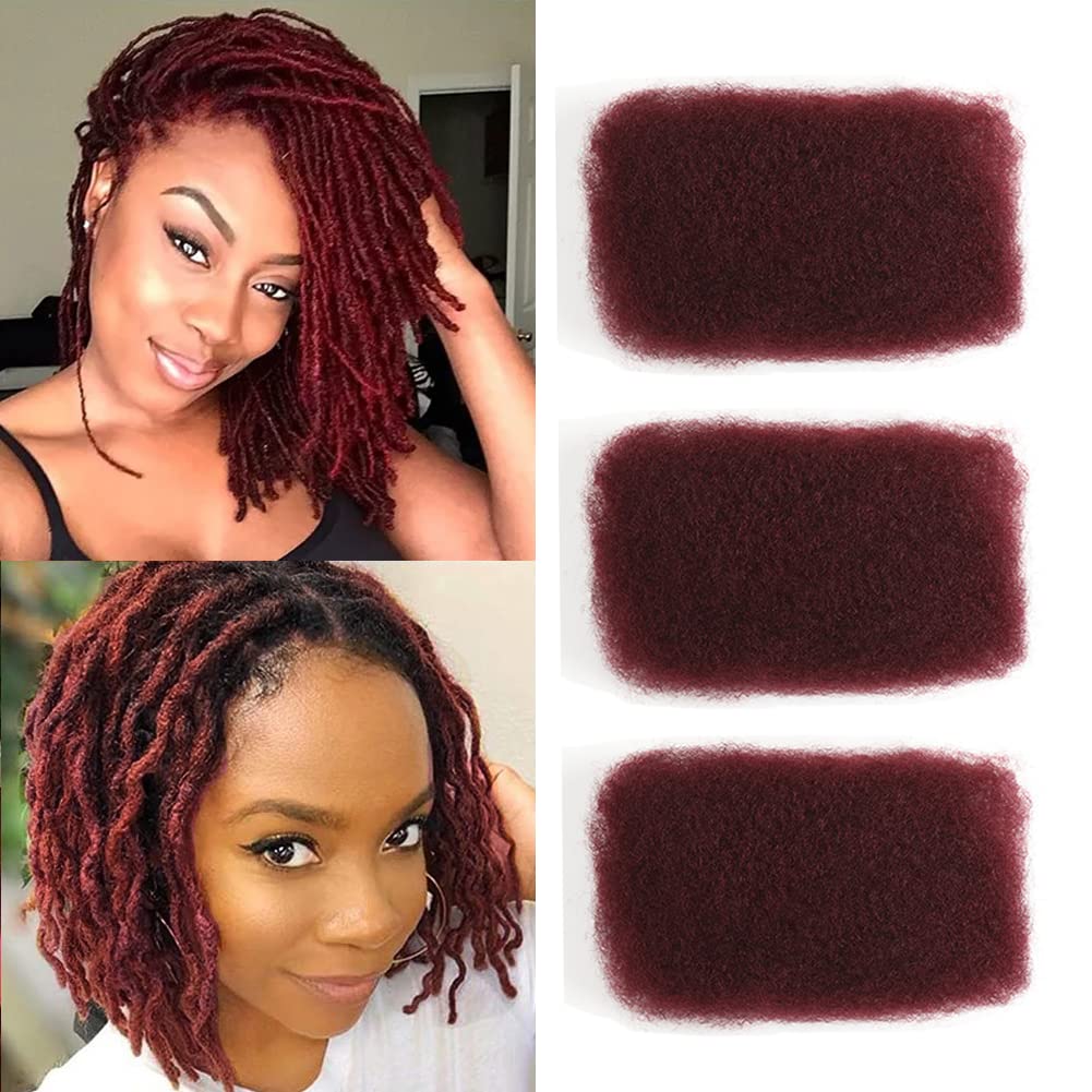 DÉBUT Afro Kinky Bulk 100% Human Hair Burgundy 3 Packs 150g Tight Afro Kinky Curly Bulk Bundles Hair for Making/Repair Locs, Kinky Twists, Dreadlocks Braiding Hair Extensions (99J, 10 Inches)