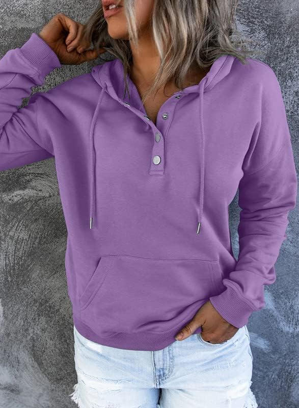 Dokotoo Womens 2025 Hoodies Button Collar Drawstring Hooded Pullover Sweatshirt Casual Long Sleeve Tops Shirts - Image 4