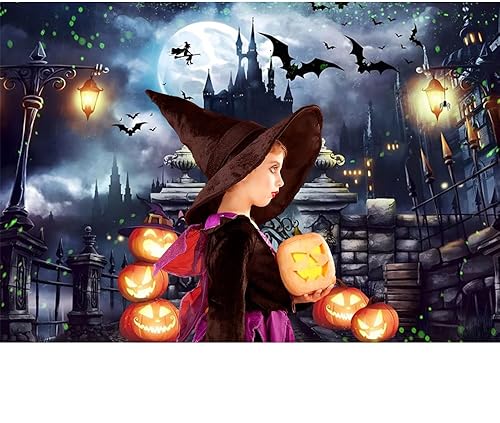 Miniatura 4 de Renaiss Telones de fondo horribles de Halloween de 7 x 5 pies para fotografía de noche oscura, castillo de brujas, fondo de Halloween, murciélago,