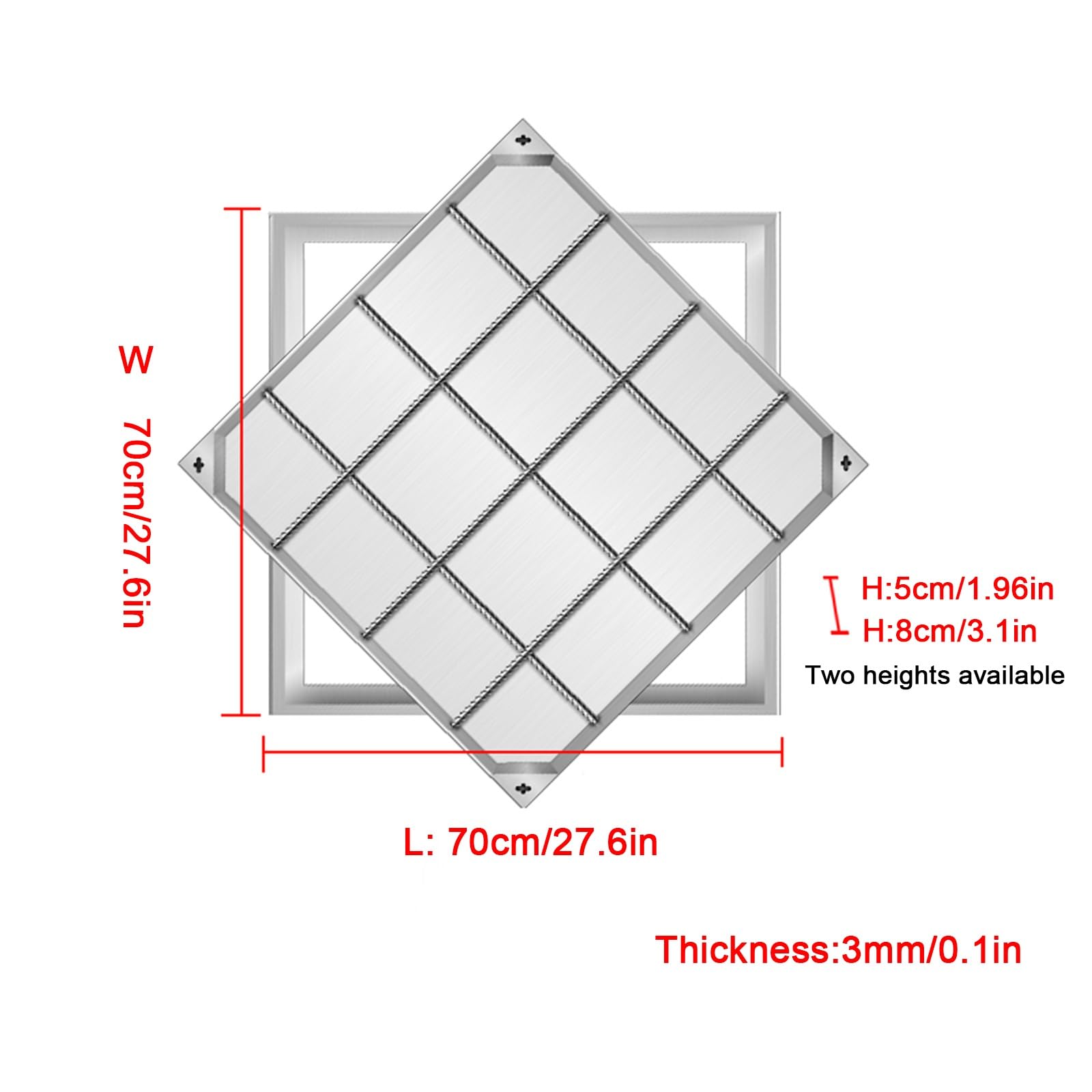 Coperchio e Telaio in Acciaio Inox per pozzetto di ispezione Invisibile, per Prato, Cortile, Fossa settica, vialetto (8 cm, 70x70 cm/27,6x27,6 Pollici)