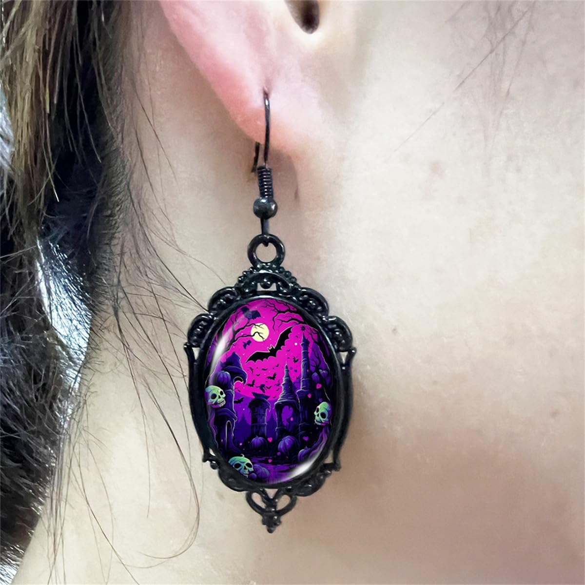 Gothic Bat Cameo Earrings, Vintage Crystal Glass Bat Dangle Earrings, Punk Style Dark Oval Goth Victorian Festival Jewelry for Women - Image 5