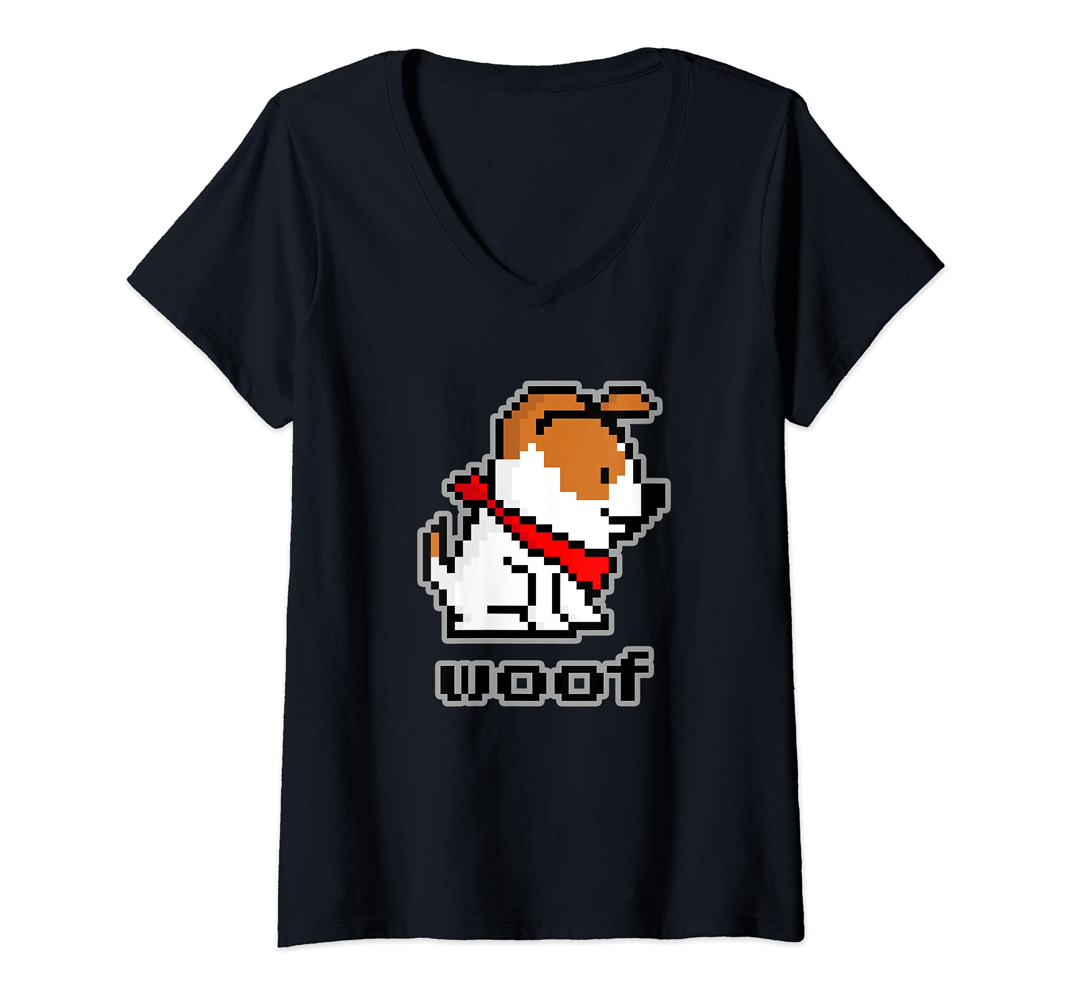 Womens Dog 8-Bit Graphic Woof For Dog Lovers Moms Dads Siblings V-Neck T-Shirt, Black