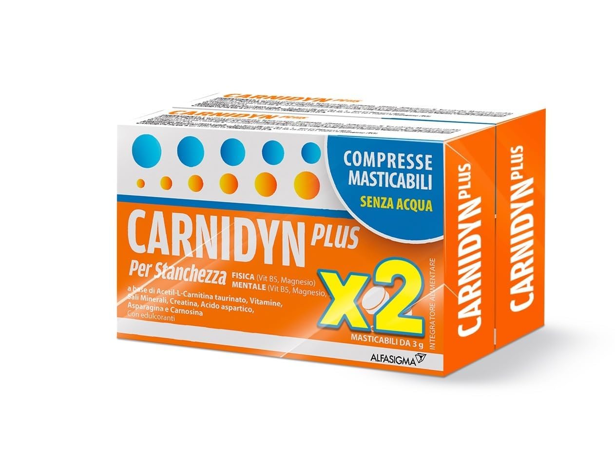 Carnidyn Plus, integratore alimentare supporto per stanchezza fisica e mentale, 2x18 (36) compresse da 3 g masticabili senza acqua, gusto agrumi