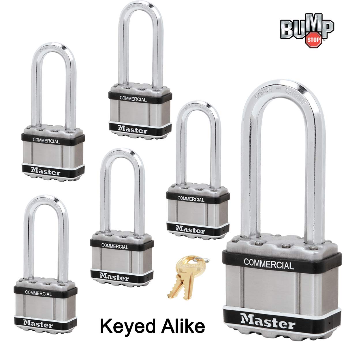 Master Lock Magnum - Candado de 2 pulgadas de ancho x 2 1/2 pulgadas de largo, seis (6) cerraduras iguales con llave M5NKALJSTS-6 con tecnología BumpStop