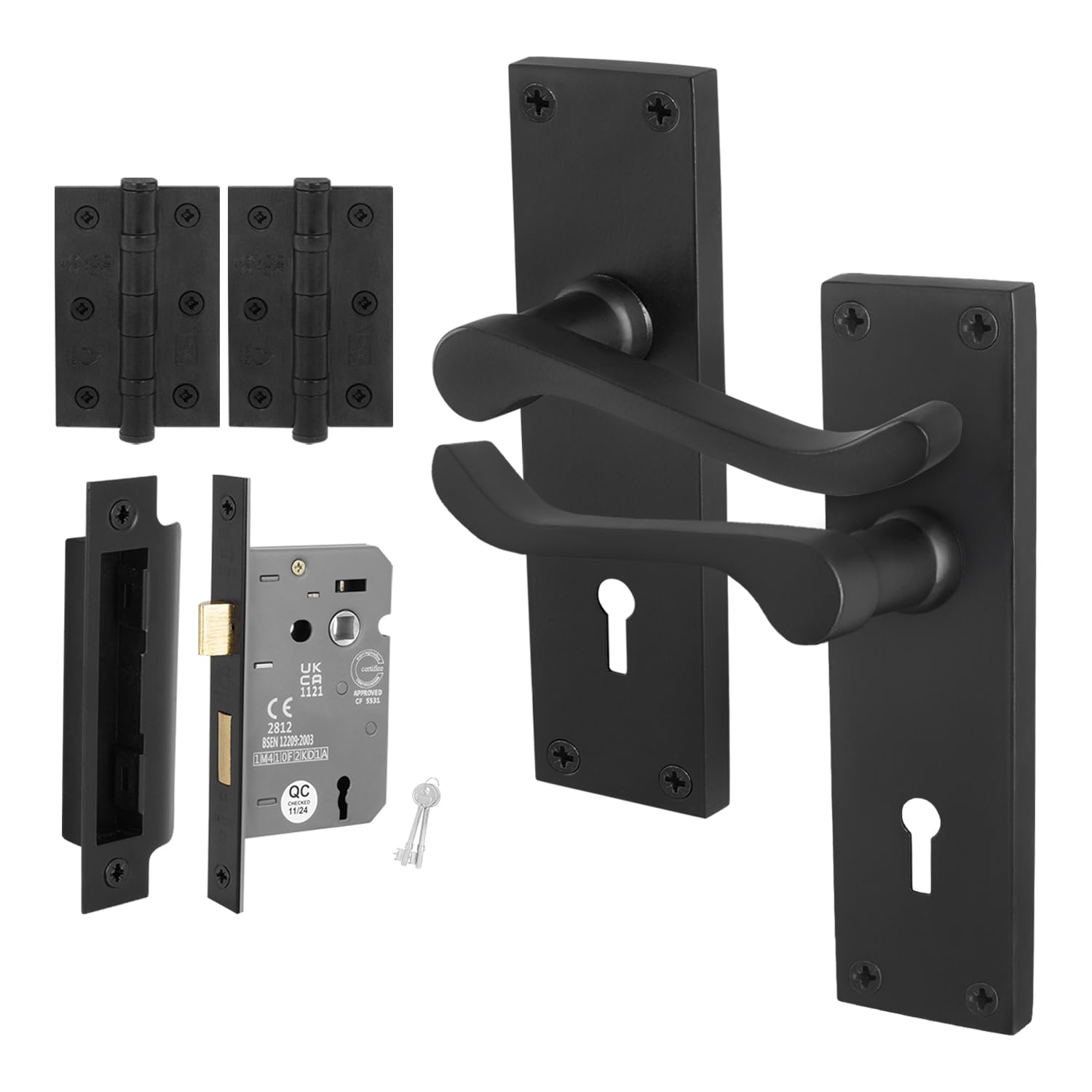 EAI Black Victorian Scroll Lock Handle Set, 1 Pair Matt Black Internal Lever Door Handles on Backplate, Lock (64mm) and Hinges — image 1