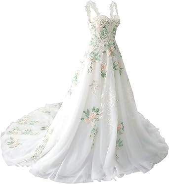 Wedding Dresses for Bride Forest Floral Colorful Lace Appliques Long Sleeves V Neck A Line Bridal Gowns with Train