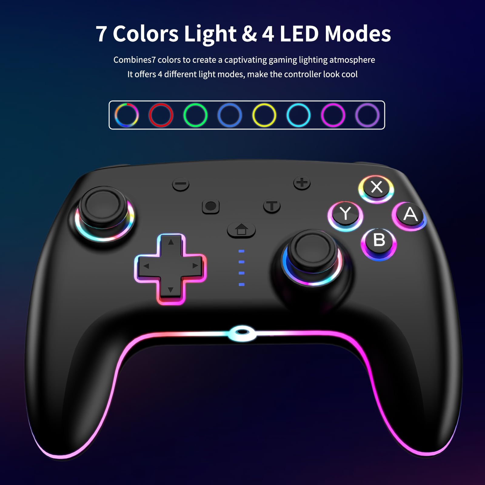 RGB Wireless Controller für Switch/Switch 2/Lite/OLED/PC, 2er Pack Gamepad mit 7-farbiger LED Beleuchtung, 6-Achsen Gyrosensor, Doppelte Vibration & Turbo-Funktion – Ergonomisch Präzise Joysticks - 5