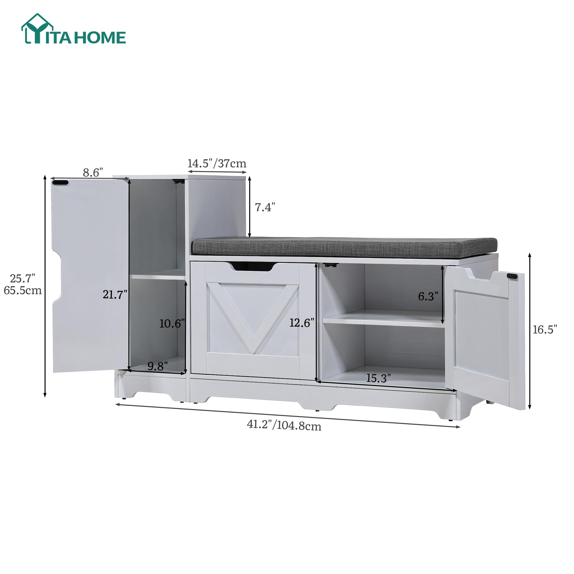 YITAHOME Panca Scarpiera da Ingresso, Scarpiera Ingresso con Sedia Rimborsata e Cuscino, Doppia Porta scarpieras di Stoccaggio con Armadi Laterali, Panca Portascarpe, 105 x 37 x 65,5 cm, Bianco