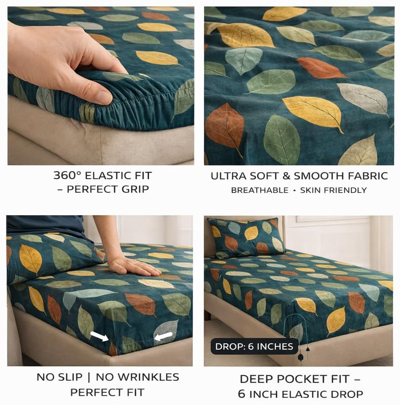 Image of Cotton Elastic Fitted Bedsheets with 2 King Size Pillow Covers Double Bed with All Around Elastic Supersoft Size - 72 King Sizex78+8 inches Color - Midnight Teal