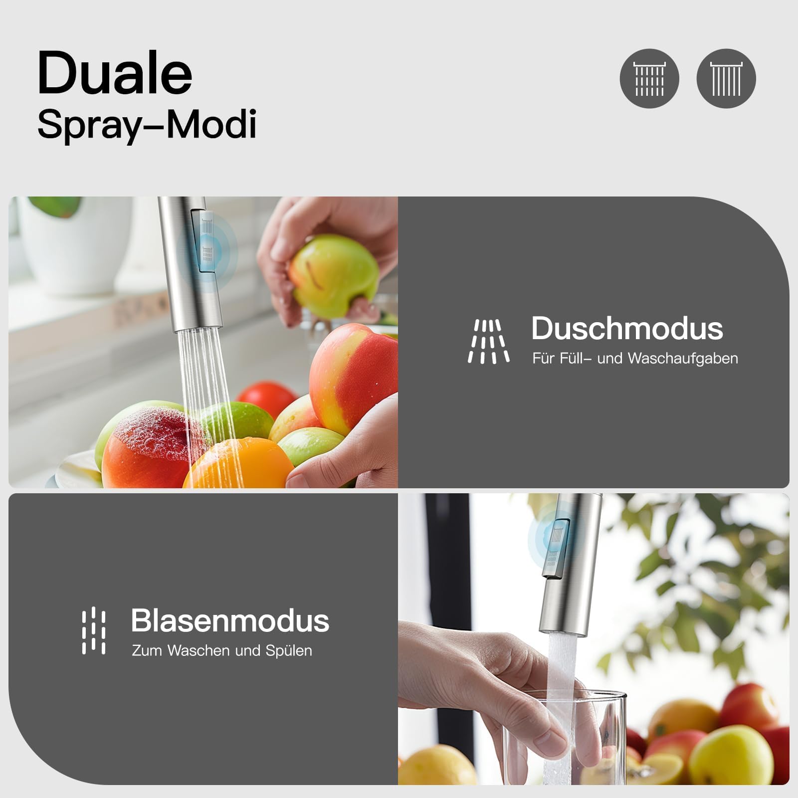 Rainsworth Wasserhahn Küche mit Brause Ausziehbar - Hochdruck Küchenarmatur mit Zwei Wasserstrahlarten, Spültischarmatur 360° Drehung, Mischbatterie Küche aus Edelstahl Einfache Installation