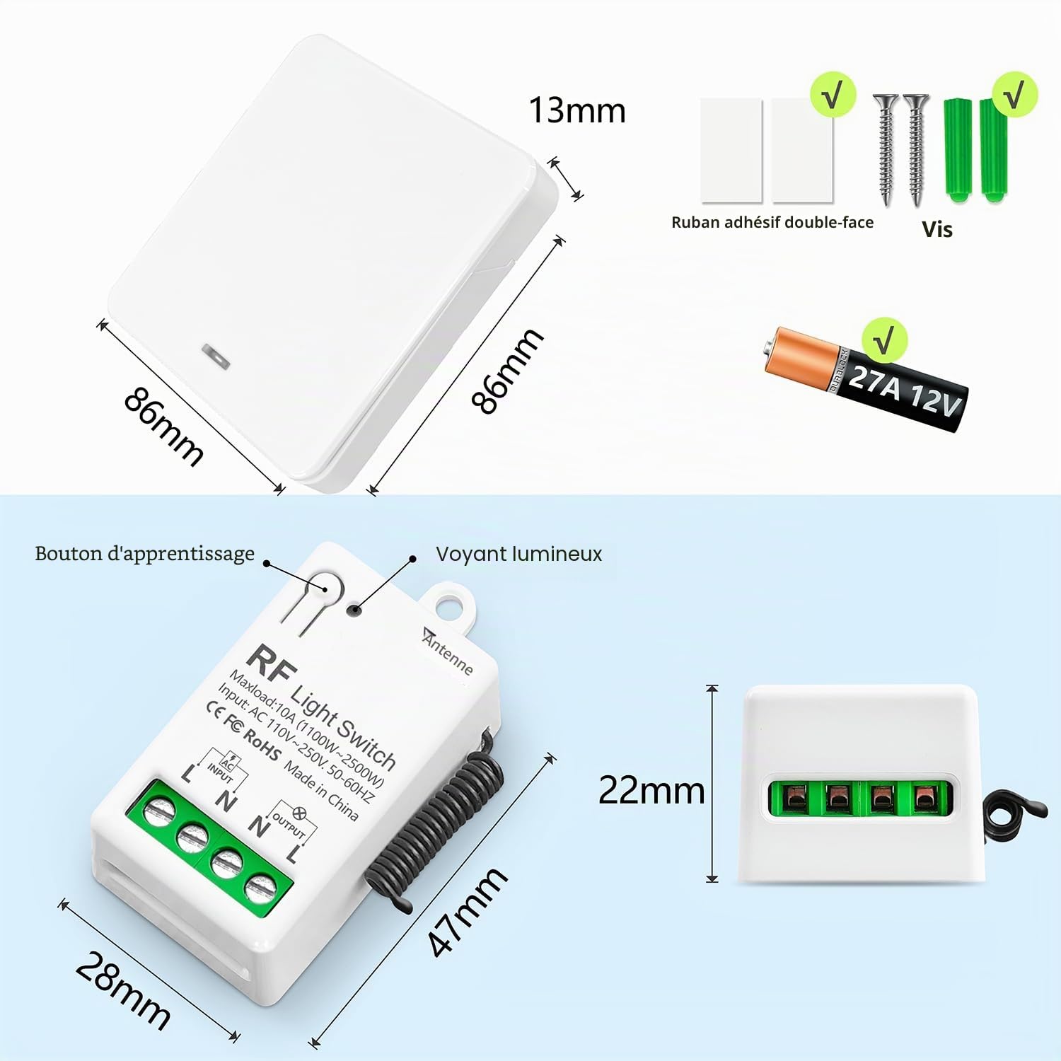DieseRC Interrupteur de Lumière Sans Fil, Interrupteur émetteur RF pour Panneau Mural de type 86 et Contrôleur-récepteur à Relais de 10 A, pour des Lumières Jusqu'à 1500 W