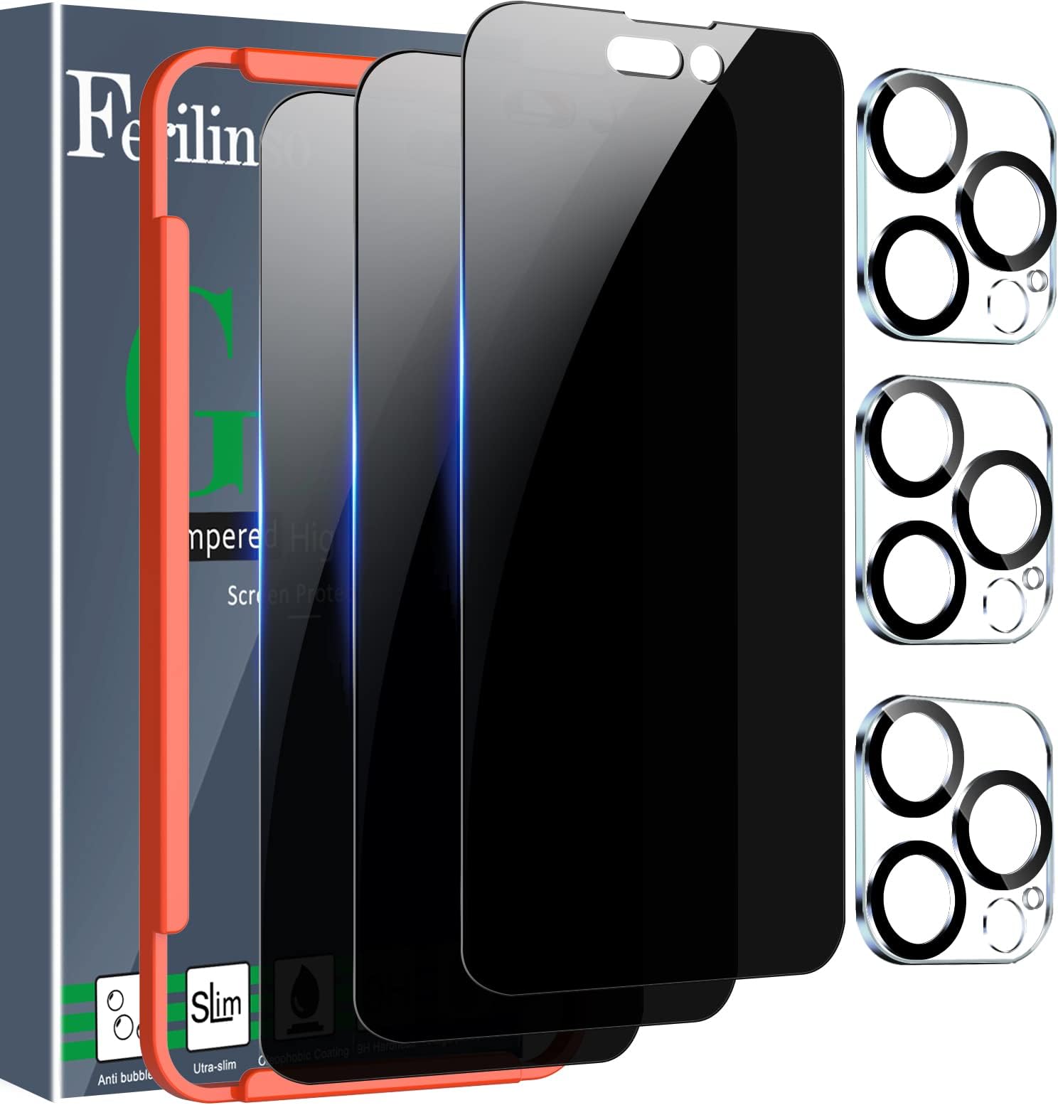 [3+3 Pack] for Apple iPhone 14 Pro Max Privacy Screen Protector Tempered Glass Accessories 3 Pack 9H Anti Spy Privacy Screen for iPhone 14 Pro Max 3 Pack Camera Lens Protector