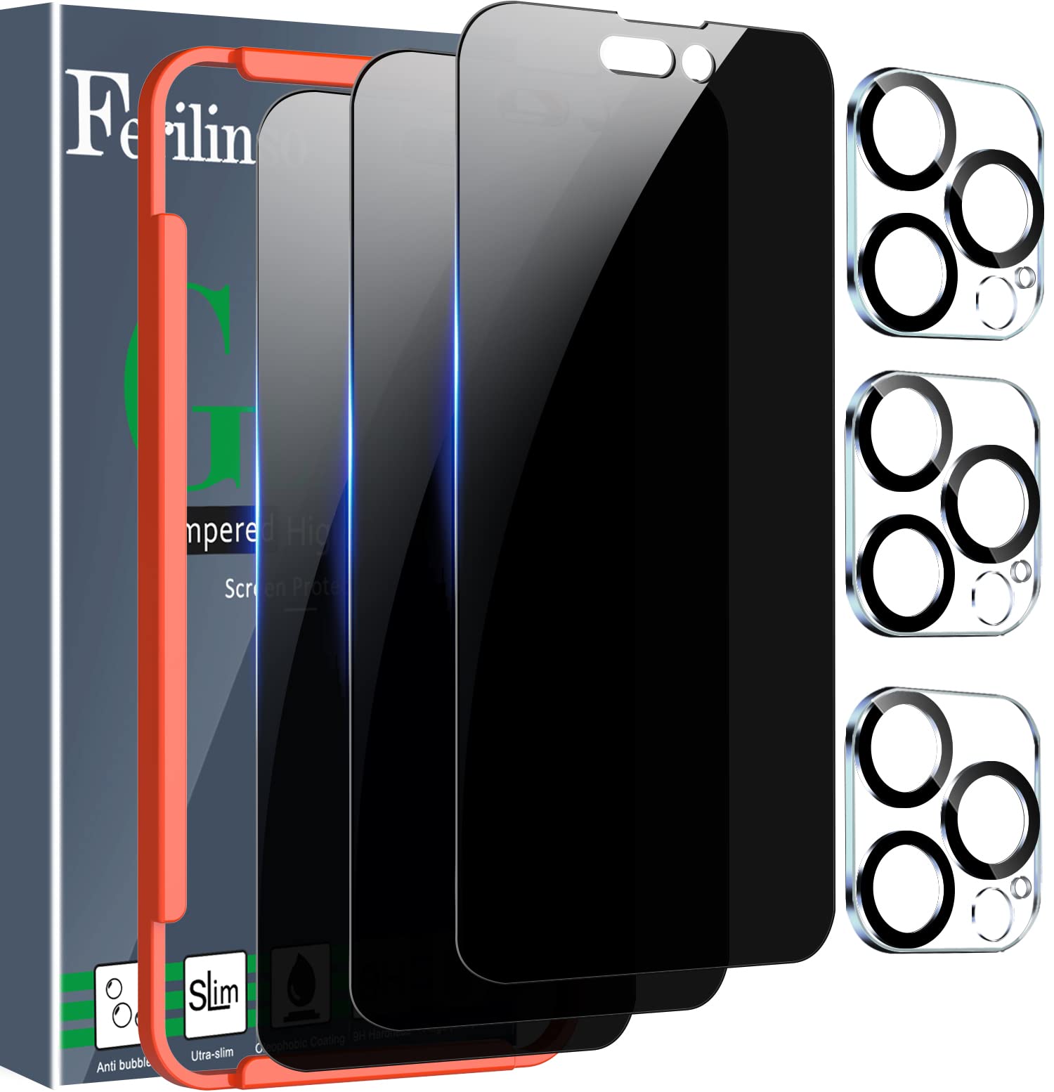 Kit Protezione Completo Per IPhone 14 Pro Max: 2 Pellicole Privacy Vetro Temperato 9H + 2 Protezioni Fotocamera + Pellicola Posteriore + Telaio Installazione, Antigraffio
