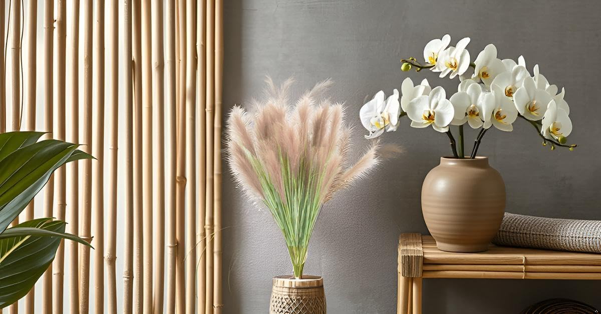 UiiziC Faux Pampas Grass 8 PCS Fluffy Artificial Reed Bulrush Flowers for Vase Fillers Wedding Party Bouquets Home Hotel Centerpieces Decor (Beige
