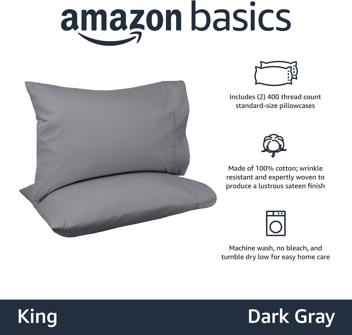 amazon basics 400 thread count cotton pillow cases, king, set of 2, dark gray, 40" l x 20" w, pillows not included dark gray king