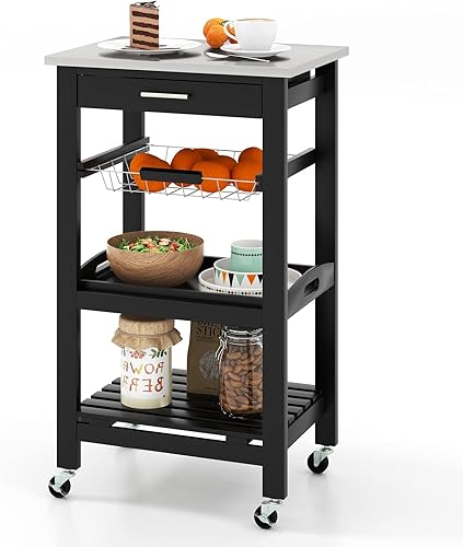 Giantex Carrito de isla de cocina, carrito de almacenamiento móvil de cocina con mesa de acero inoxidable, cajón, cesta, estante, bandeja de servir,