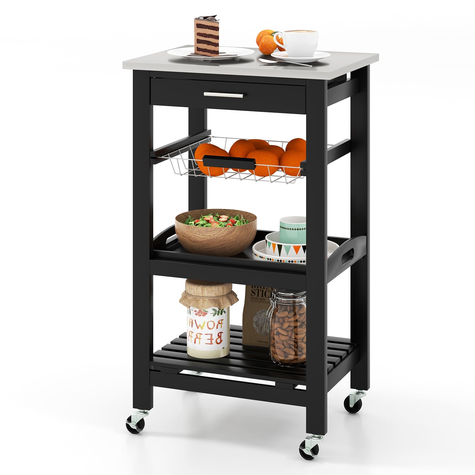 COSTWAY 4-Tier Rolling Trolley Cart, Mobile Utility Storage Organiser Shelves with Lock Wheels, Drawer, Tray and Basket, Multi-Purpose Serving Cart for Kitchen Restaurant Dining Room (Black)