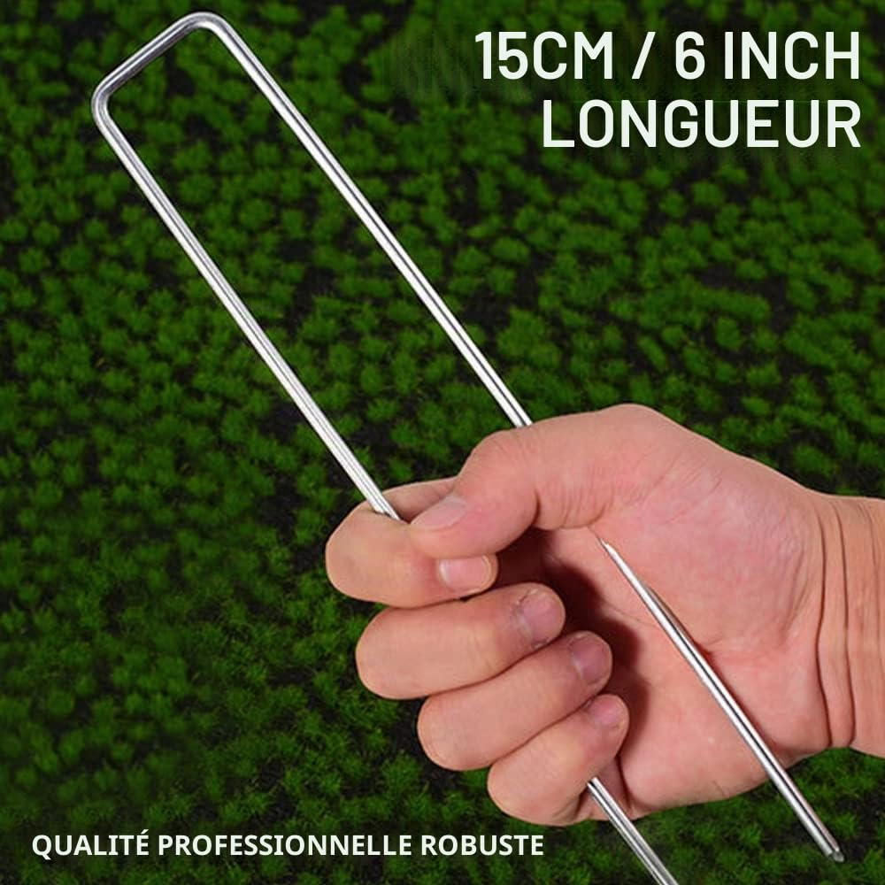 Bakulyor Lot de 100 piquets de jardin galvanisés de 15.2 cm pour pelouse et paysage, calibre 11, piquets de sol pour clôture de mauvaises herbes, agrafes robustes en forme de U, 15.2 cm