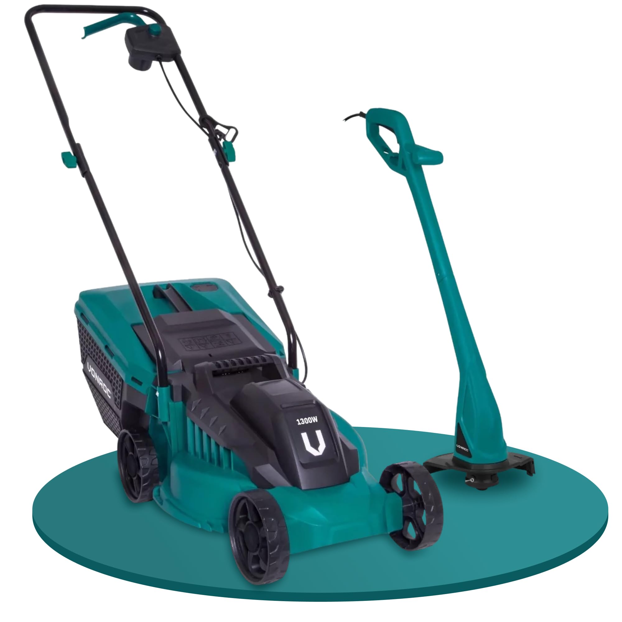 VONROC Rasenmäher Elektro mit Kabel | 1300W - 32cm Schnittbreite - einstellbare Schnitthöhe 30-70MM | Elektrischer Sichelmäher für kleine bis mittelgroße Flächen -Inlusive Trimmer Set