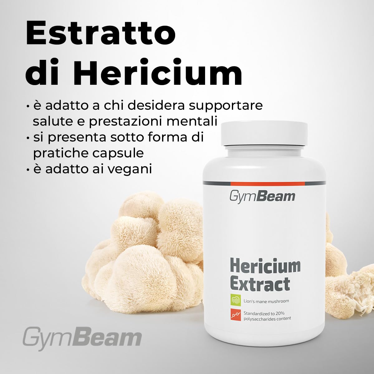 GymBeam Estratto di Hericium (Criniera di Leone), Fungo di Criniera, Hericium Erinaceus, Lions Mane, Nootropico per Memoria e Concentrazione, 20% Polisaccaridi, Capsule Vegane