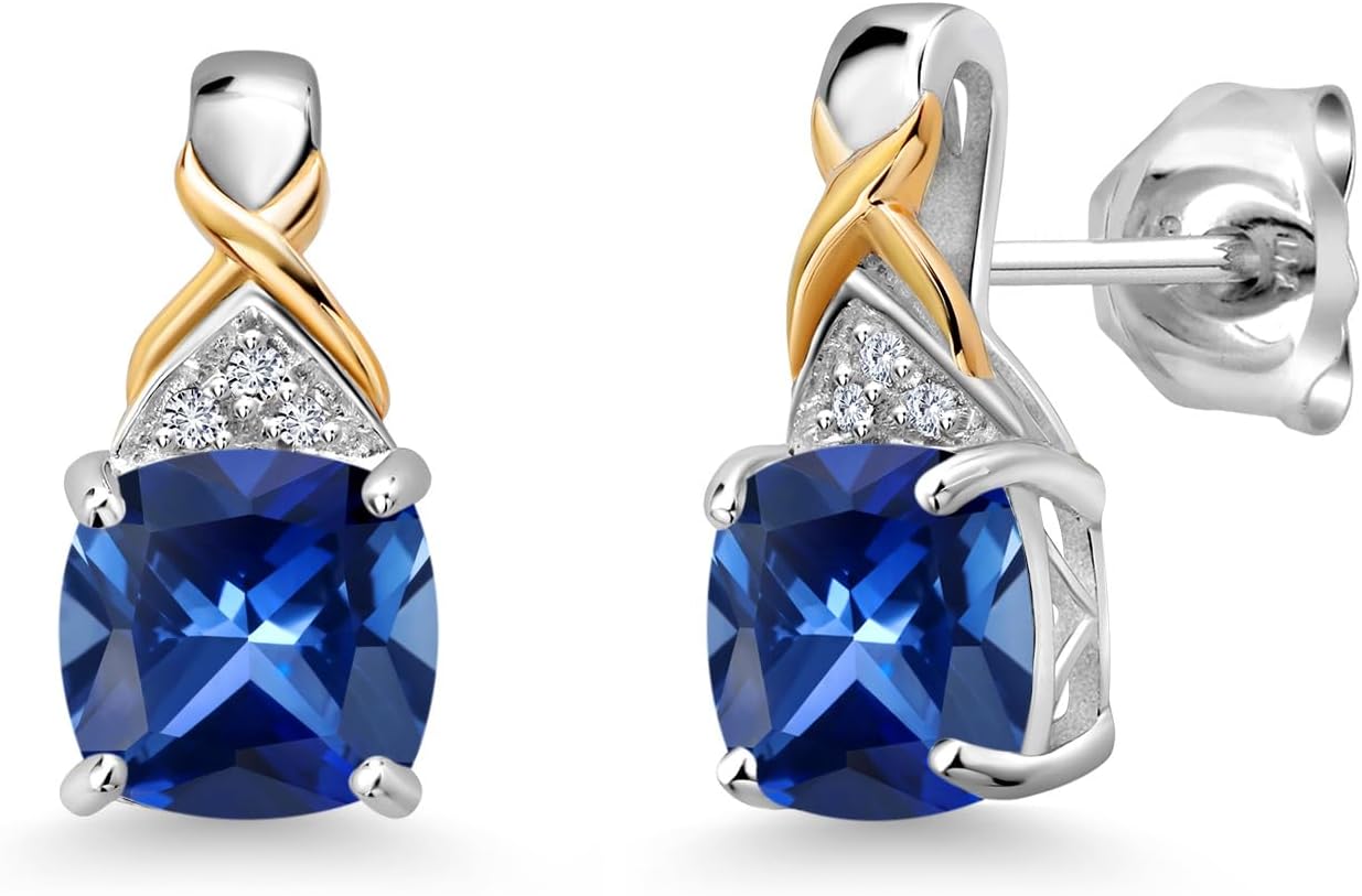 Gem Stone King Two-Tone Gemstone Birthstone Drop Earrings for Women | 925 Silver and 10K Yellow Gold | 6MM Cushion with Lab Grown Diamond Accents | Fine Jewelry Gifts