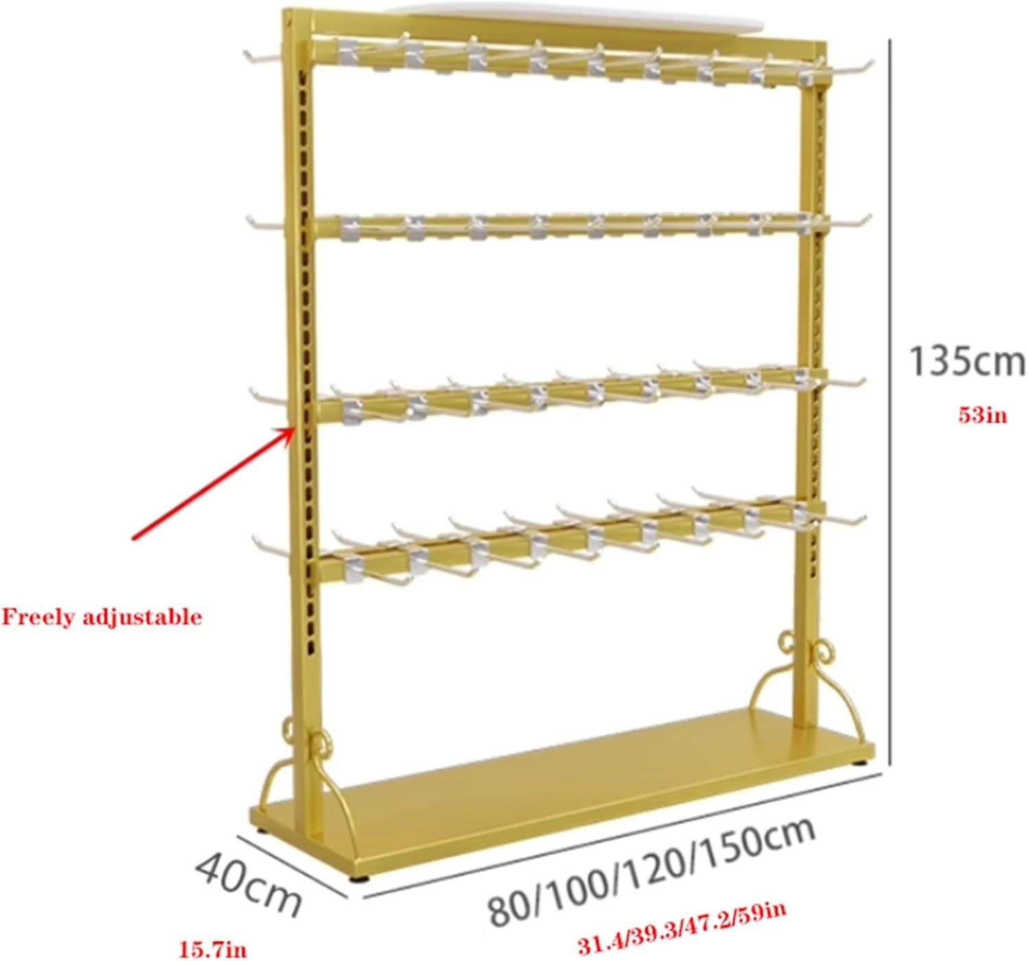 Commercial Retail Display Stand, Socks Storage Organizer Rack with Hook, for Snacks Jewelry Keyring Hats Socks Toys, Commercial Clothing Store Shelf, 4 Tier(Gold,80 * 40 * 135cm)