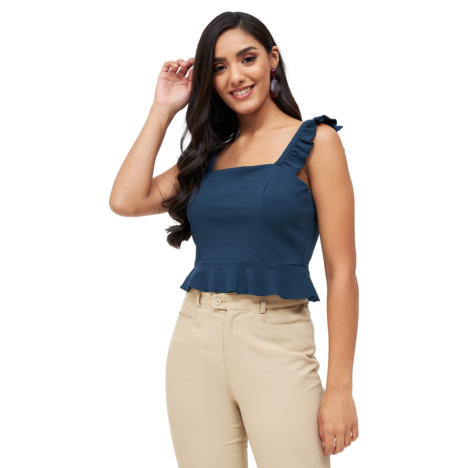 kibo Casual Women's Solid Polyester Square Neck Top Midnight Blue-picture-31