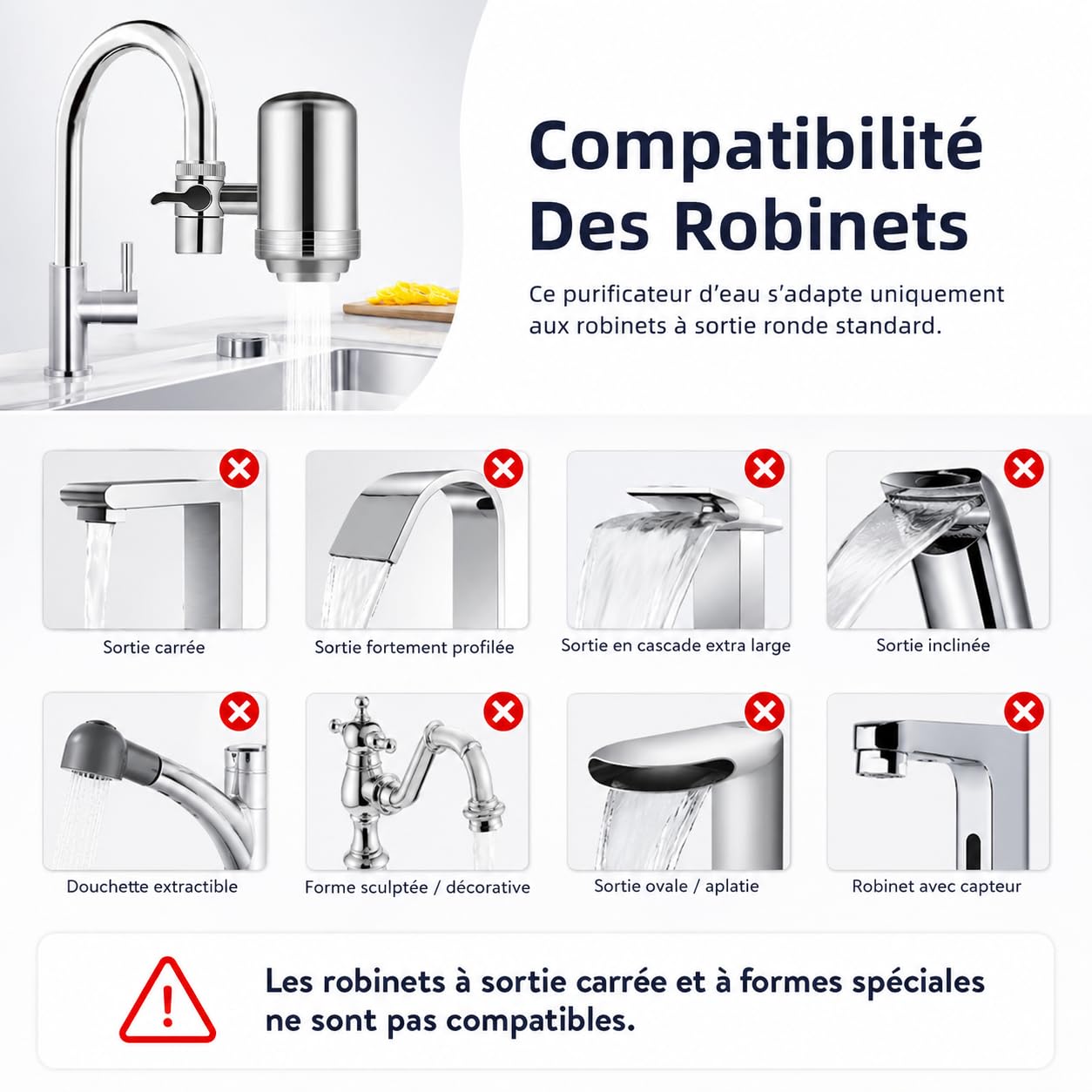 Purificateur d'eau Pureva pour robinets de cuisine, Filtre à Eau de Robinet avec Cartouche Céramique et Charbon Actif, Deux Modes, Acier Inoxydable 304 (3 cartouches filtrantes)