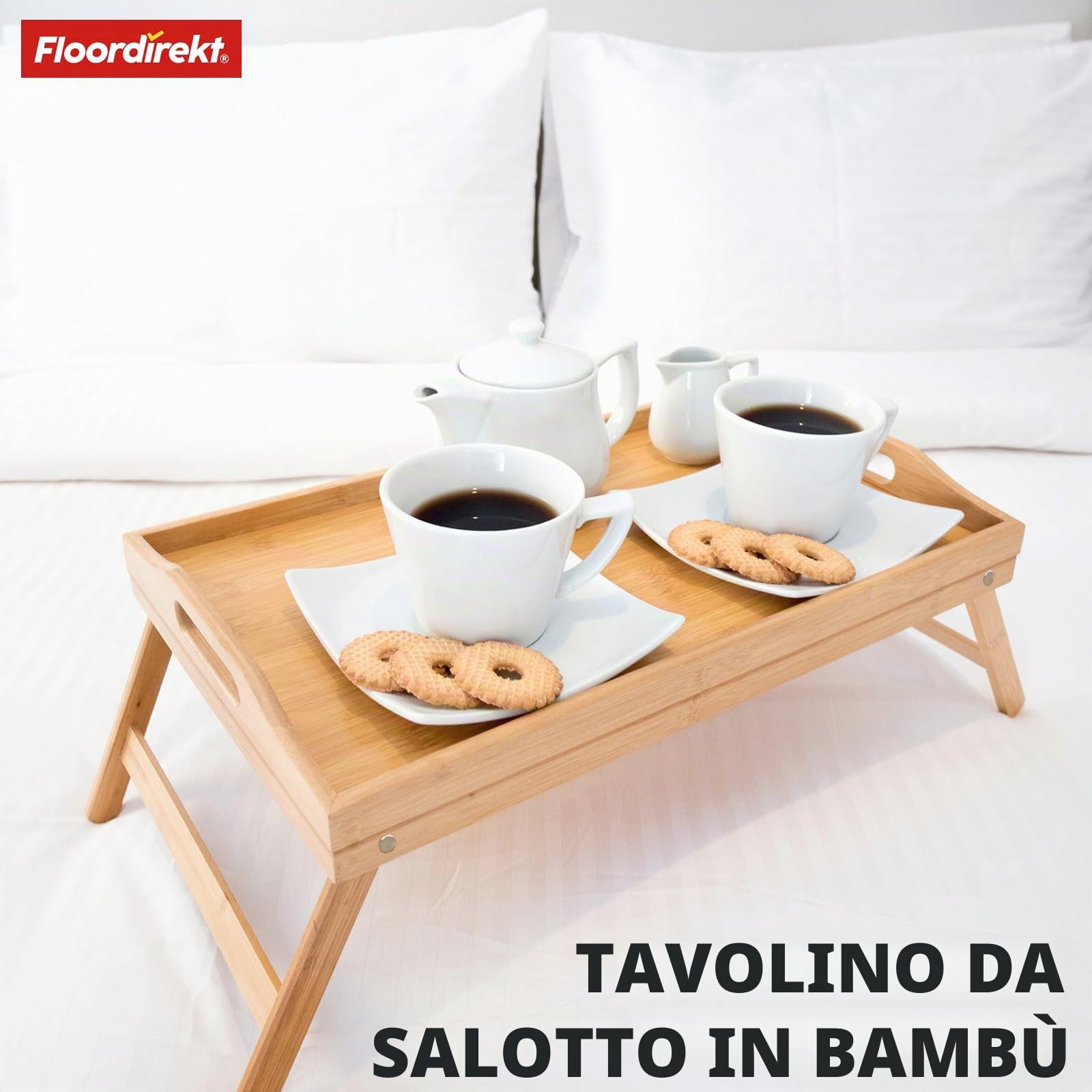 Floordirekt Vassoio da portata con piedini, vassoio in legno di bambù, vassoio per la colazione, pieghevole, multifunzione, vassoio da letto, dimensioni 50 x 30 x 23 cm (Utah)