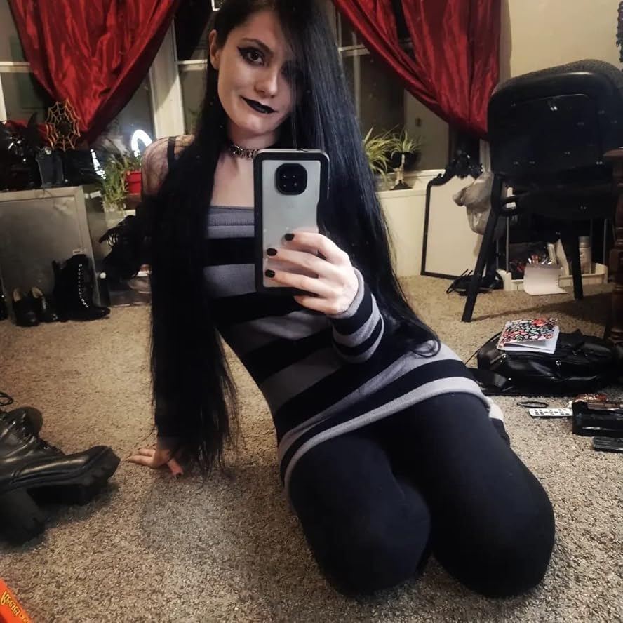 ANKOMINA Women's Gothic Punk Off Shoulder Striped Knit Mini Dress Bodycon Y2K Long Sleeve Sweater Dress for Halloween Party - Image 6